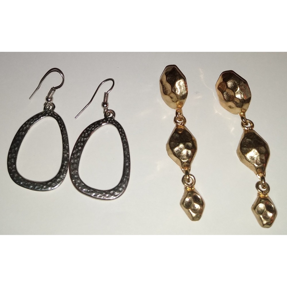 Vintage Lot Of 2 Silver Tone & Gold Tone Pebbled Dangle Earrings